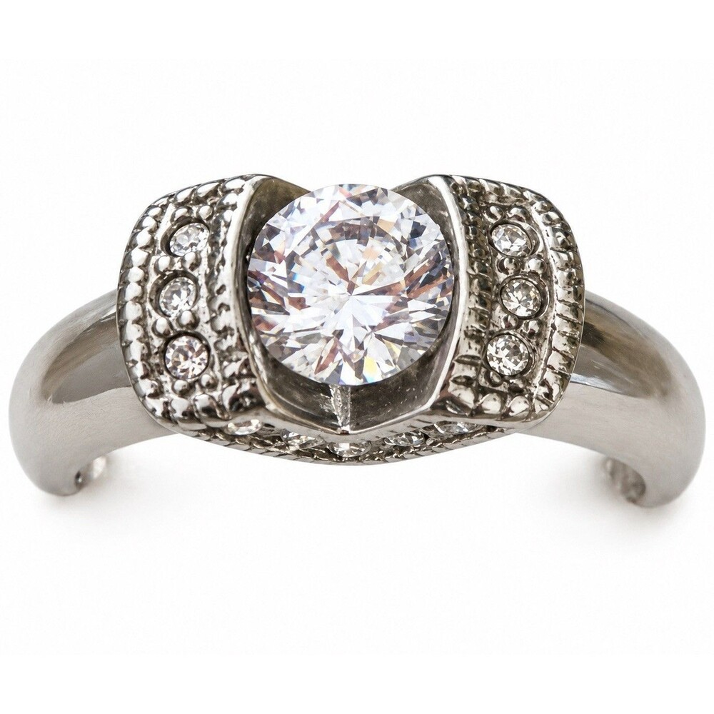 Art Deco Inspired Ring Stainless Steel CZ Geometric Ornate Vintage Style SZ 6